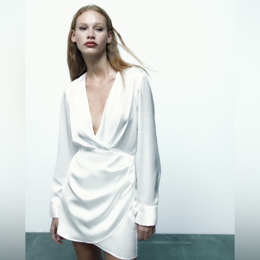 Zara White Wrap Front Satin Effect Dress - Picture 11 of 16